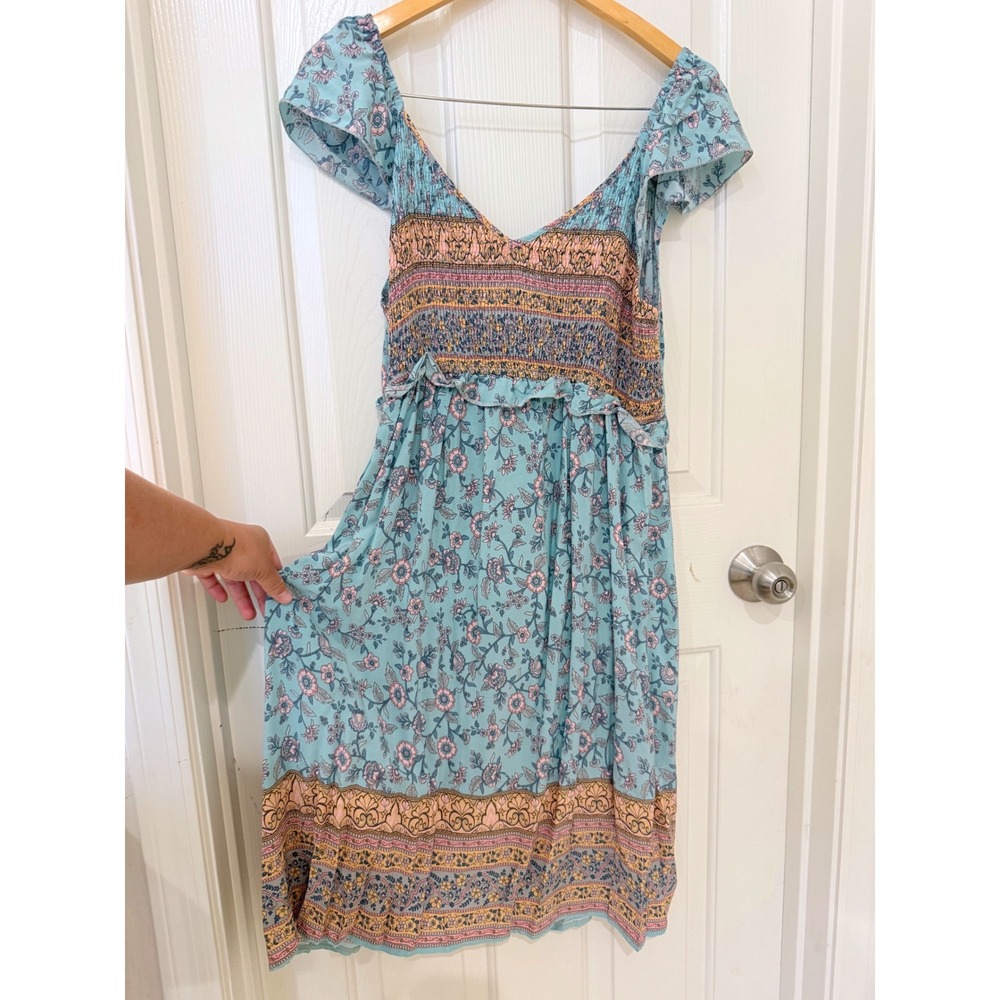 KOJOOIN Womens Boho Floral Smocked Midi Dress Turquoise Pink XL Short Sleeve